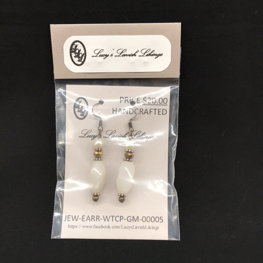 HANDCRAFTED EARRINGS—FISHHOOK DANGLES — White Gemstones w/Copper Toned Findings